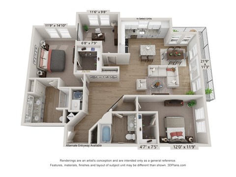 Floor plan for 2 beds, 2 baths, 1456 sqft